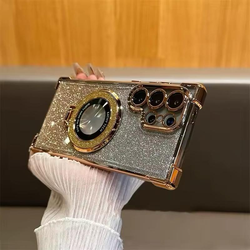 Premium Glossy Transparent Glitter Magsafe Stand Protective Cover With Solid Glitter Paper