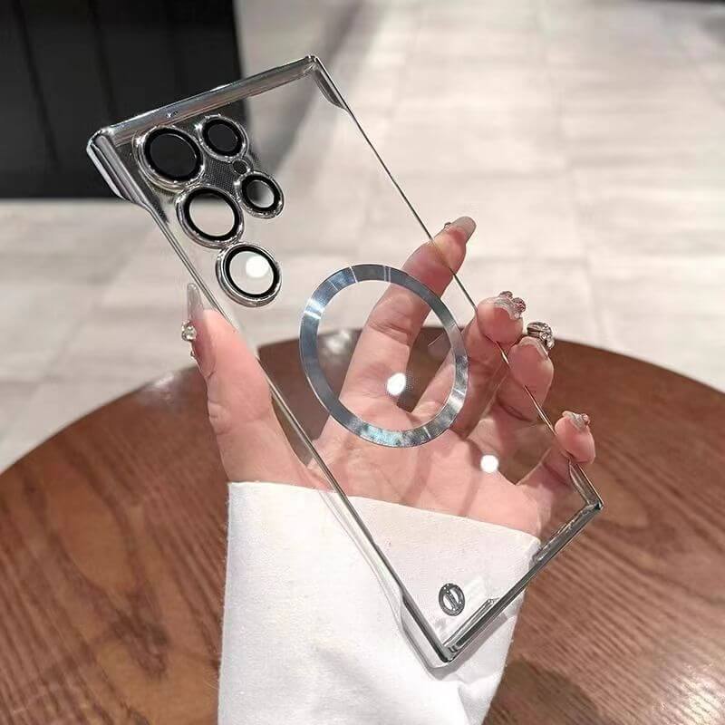 Frameless Magsafe Side Silver, Back Clear Case with lens Protector for Samsung